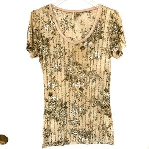 BKE Short Sleeve Top Beige with Green and White M